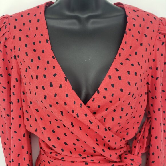 Billabong Sincerely Jules Wrapped in Love Wrap Top M Long Puff Sleeves Red - Picture 9 of 14